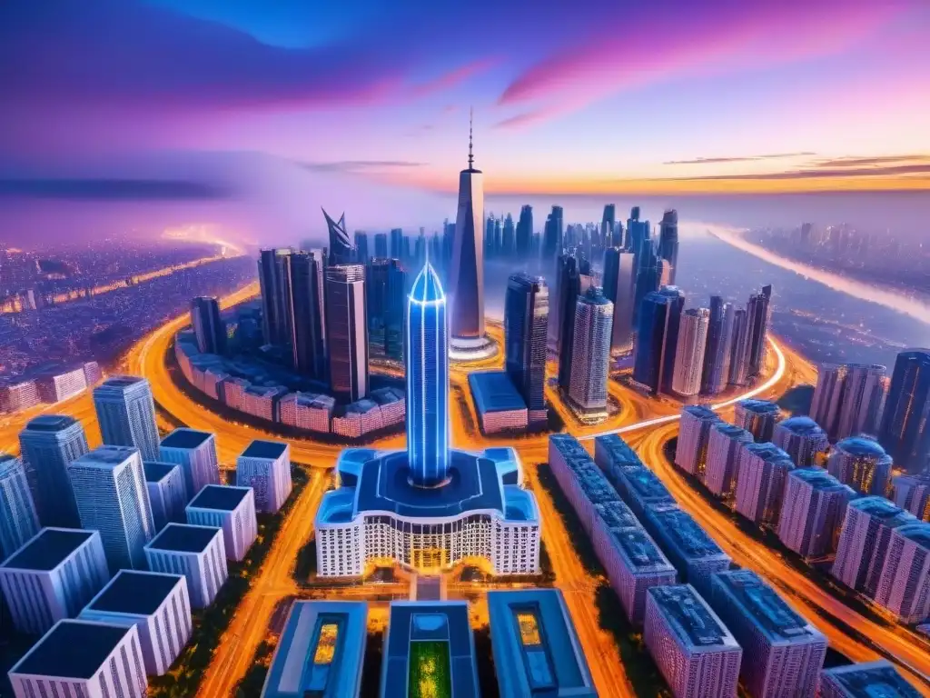 Horizonte futurista: ciudad moderna iluminada al anochecer Vista aérea de ciudad futurista al anochecer, con rascacielos iluminados y calles llenas de lujo