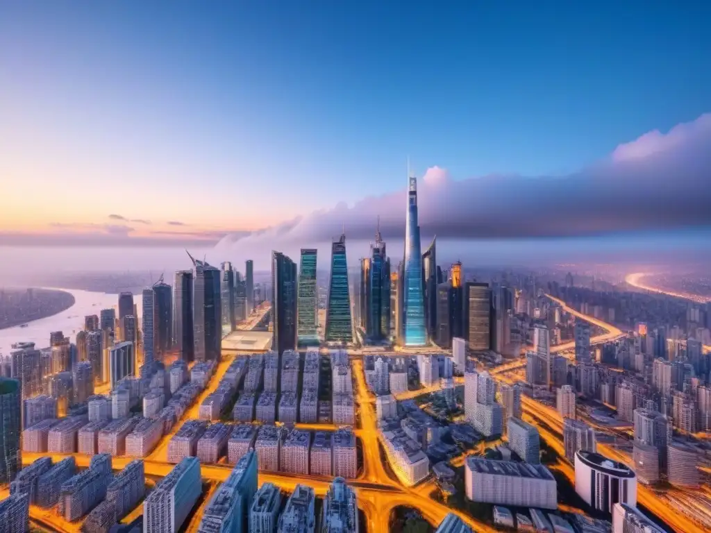 Metrópolis futurista: skyline iluminado al atardecer Vista aérea de una ciudad futurista al anochecer con rascacielos iluminados y pantallas digitales mostrando fluctuaciones cambiarias en inversiones inmobiliarias