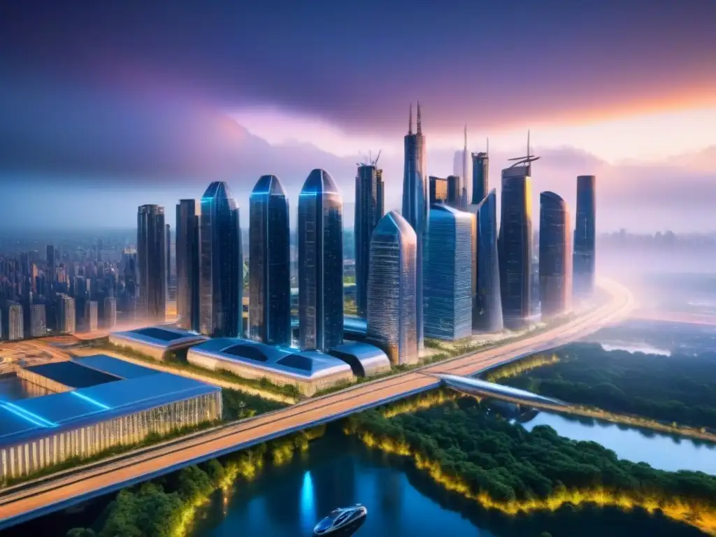 Metrópolis futurista: innovación urbana y modernidad Vista aérea de una ciudad futurista con rascacielos y sistemas de transporte avanzados, reflejando las tendencias del mercado inmobiliario global