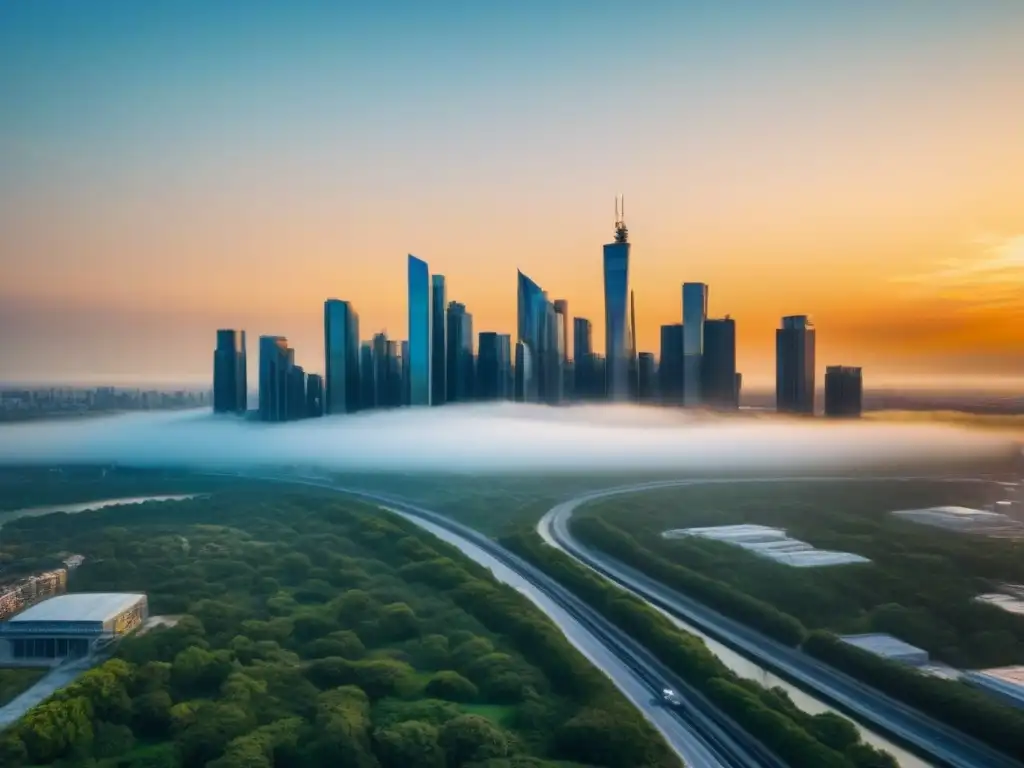 Horizonte futurista: inversión inmobiliaria internacional postpandemia Vista aérea de ciudad futurista con rascacielos, espacios verdes y sistemas de transporte avanzados al atardecer