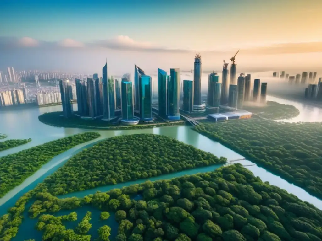 Metrópolis futurista: armonía entre rascacielos y naturaleza Vista aérea de una ciudad futurista con rascacielos altos brillando bajo el sol, rodeada de vegetación y vías fluviales, mostrando una fusión armoniosa entre desarrollo urbano y naturaleza en las mejores leyes propiedad extranjeros