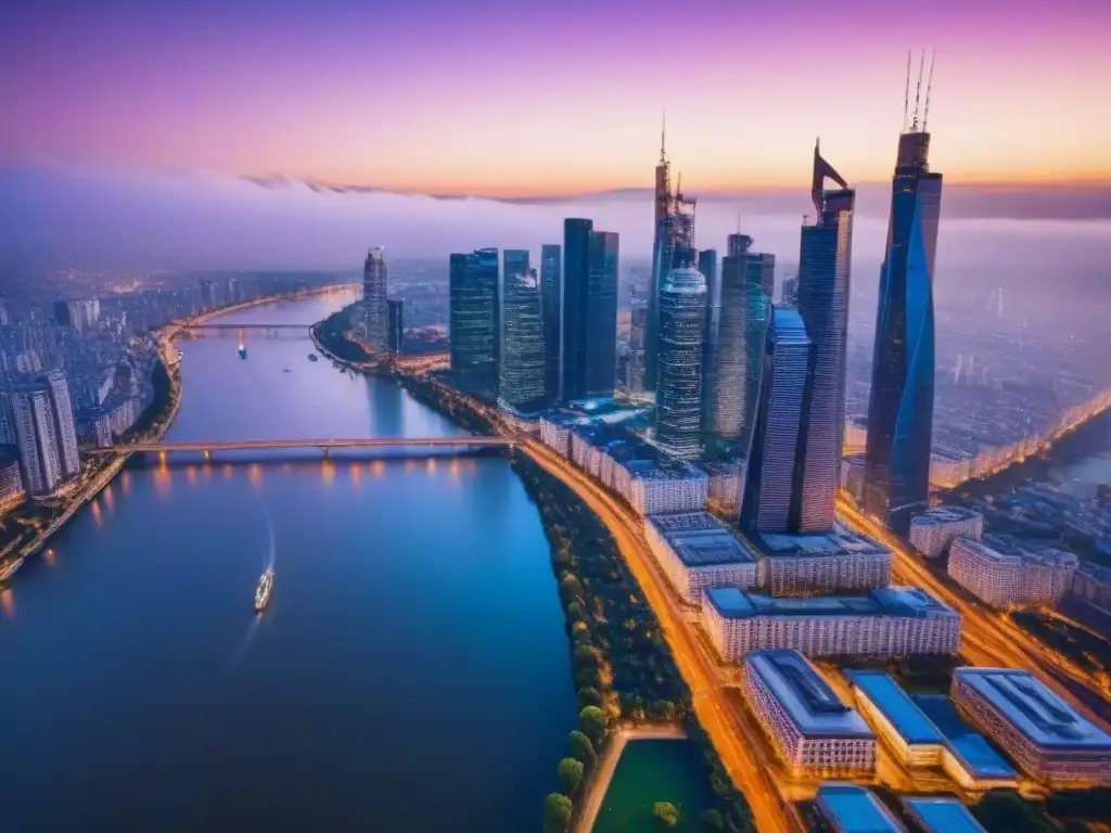 Metrópolis brillante: ciudad moderna al atardecer Vista aérea de una ciudad iluminada al anochecer, reflejando el ajetreo de la vida urbana