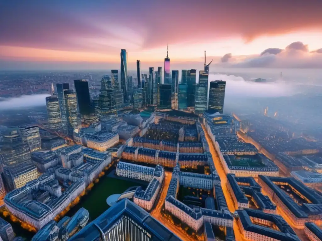 Contrastes urbanos y mercado inmobiliario post-Brexit Vista aérea de la ciudad con impacto Brexit mercado inmobiliario: mezcla de rascacielos modernos y edificios históricos bajo un cielo dramático