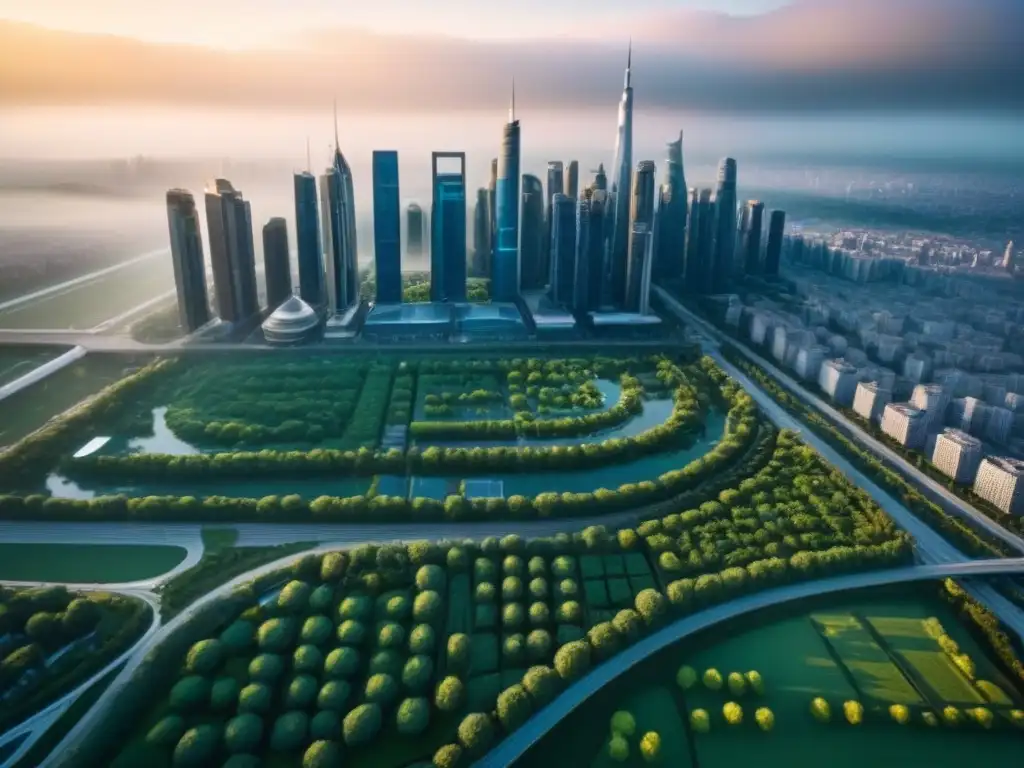 Metrópolis inteligente: innovación y sostenibilidad urbanas Vista aérea de una ciudad inteligente con edificios verdes y tecnología futurista, reactivación mercados inmobiliarios urbanización inteligente