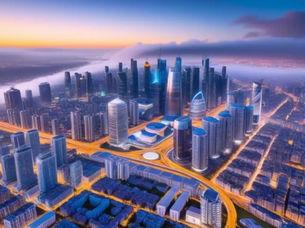 Visión aérea de ciudad inteligente futurista al anochecer Vista aérea de una ciudad inteligente futurista al anochecer, iluminada por dispositivos IoT