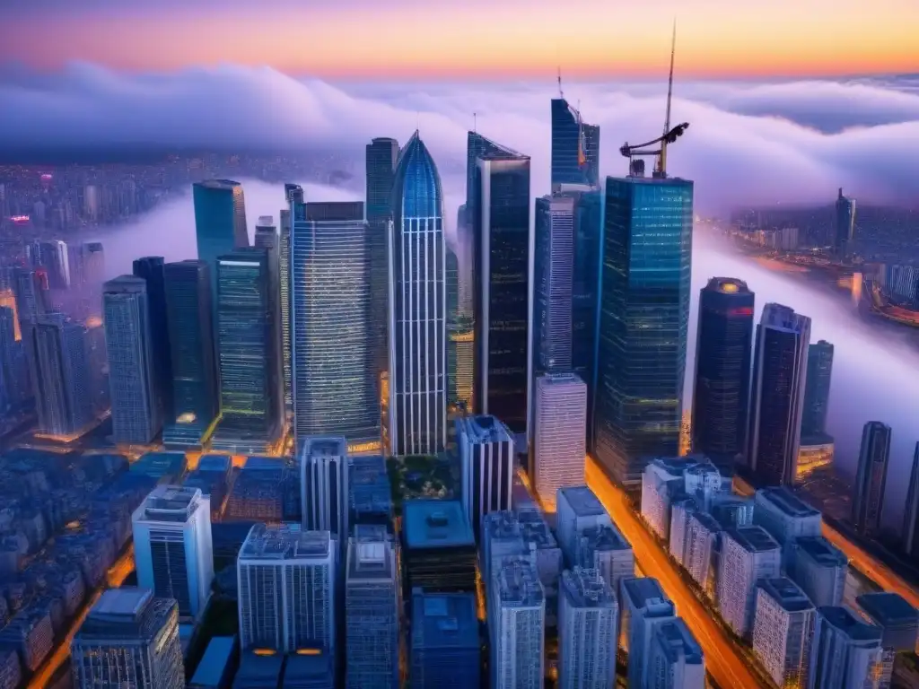 Vista aérea de ciudad global: impacto en mercado inmobiliario Vista aérea de una ciudad internacional con rascacielos modernos, reflejando las fluctuaciones cambiarias en el mercado inmobiliario internacional