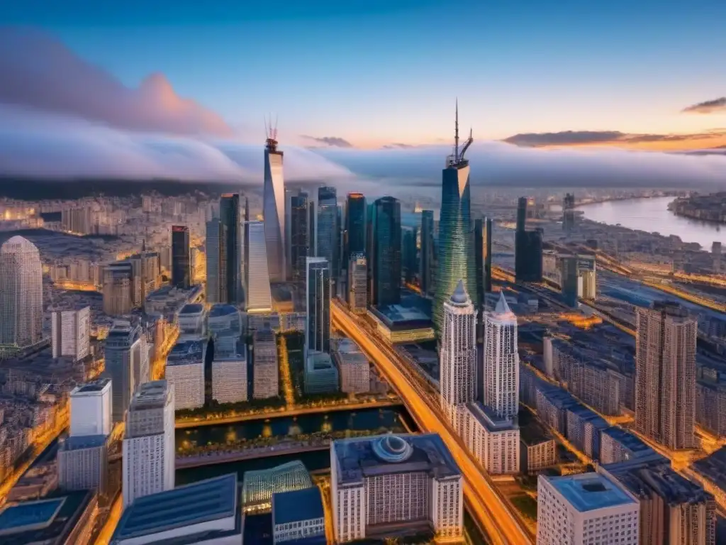Metrópolis global: luces y arquitectura enredadas Vista aérea de una ciudad internacional con rascacielos modernos y arquitectura histórica, redes viales iluminadas de noche