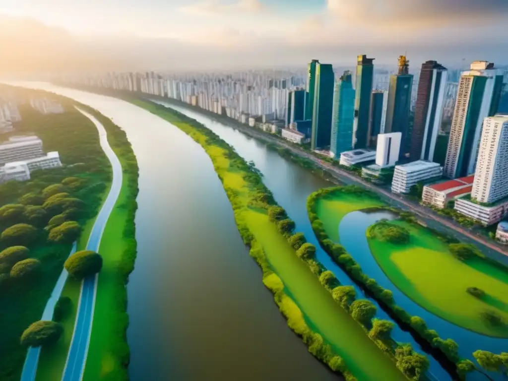 Metrópolis vibrante: arquitectura moderna entre parques exuberantes Vista aérea de una ciudad latinoamericana con modernos rascacielos, parques verdes y ríos