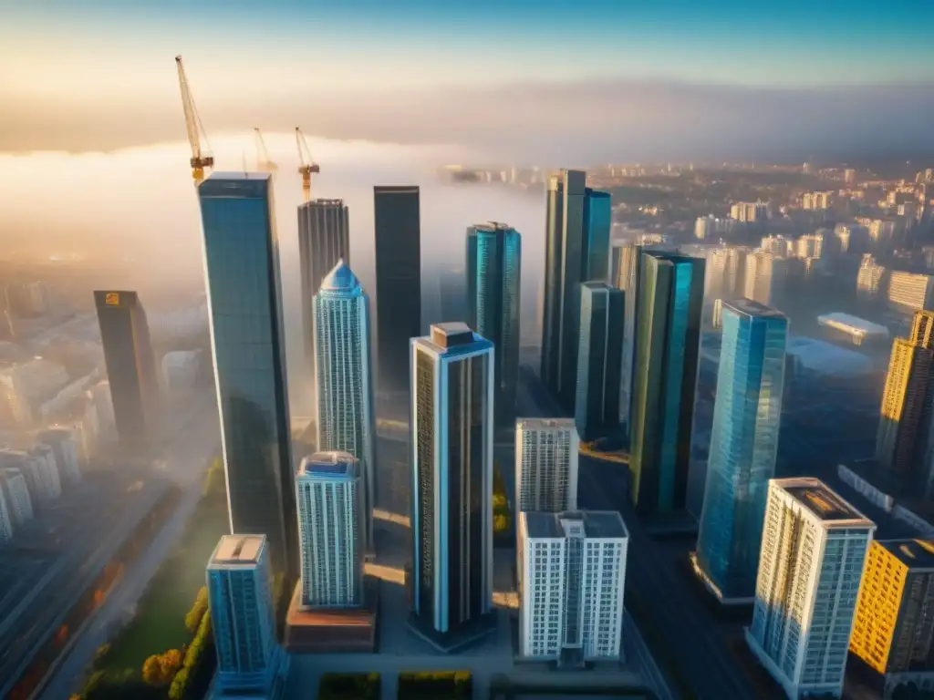 Metrópolis vibrante: oportunidades en el mercado inmobiliario Vista aérea de una ciudad llena de rascacielos y edificios residenciales, reflejando un mercado inmobiliario vibrante con propiedades subvaluadas