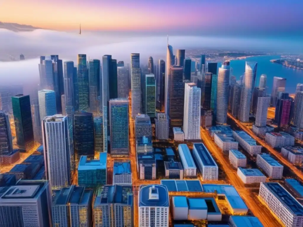 Metrópolis en crecimiento: real estate en ciudad dinámica Vista aérea de una ciudad llena de rascacielos, reflejando la dinámica del mercado inmobiliario