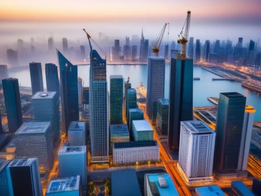 Auge inmobiliario: cielo de rascacielos en construcción Vista aérea de una ciudad llena de rascacielos y grúas, simbolizando la dinámica del M&A inmobiliario