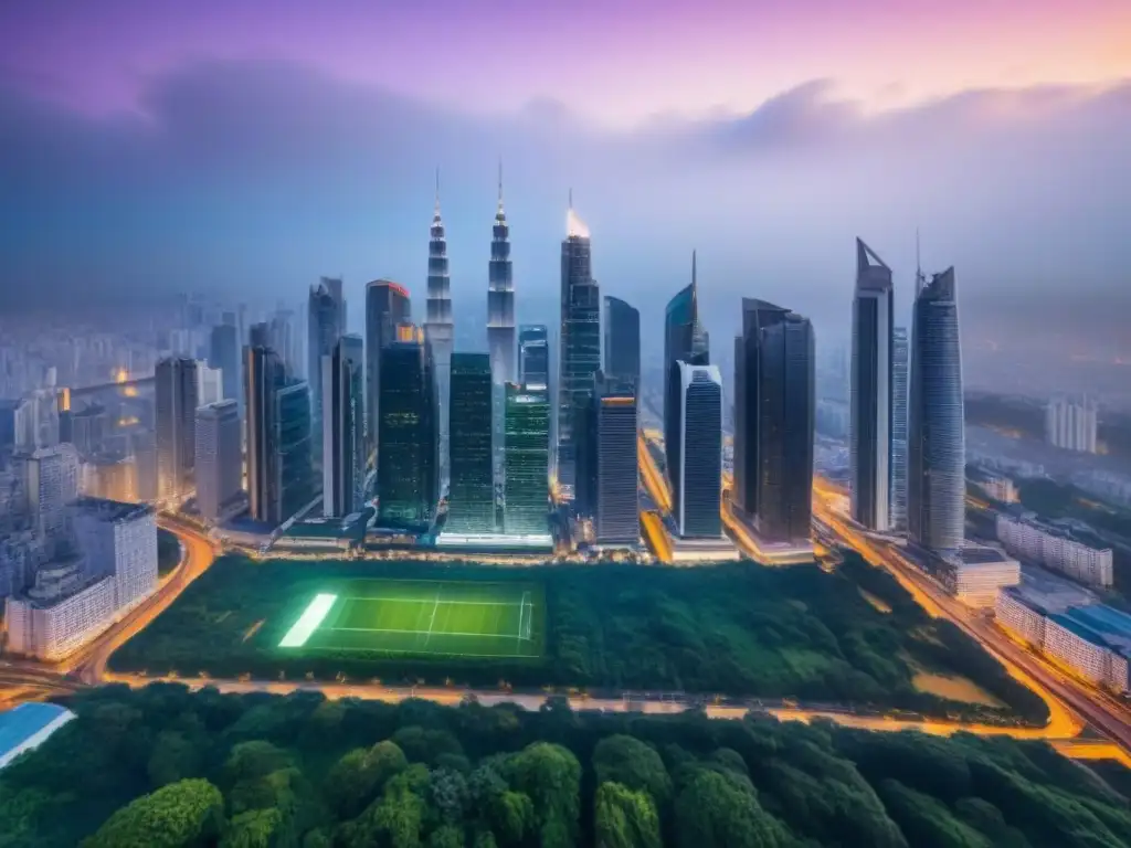 Horizonte urbano futurista: arquitectura moderna y espacios verdes en una ciudad vibrante Vista aérea de una ciudad llena de rascacielos futuristas y espacios verdes