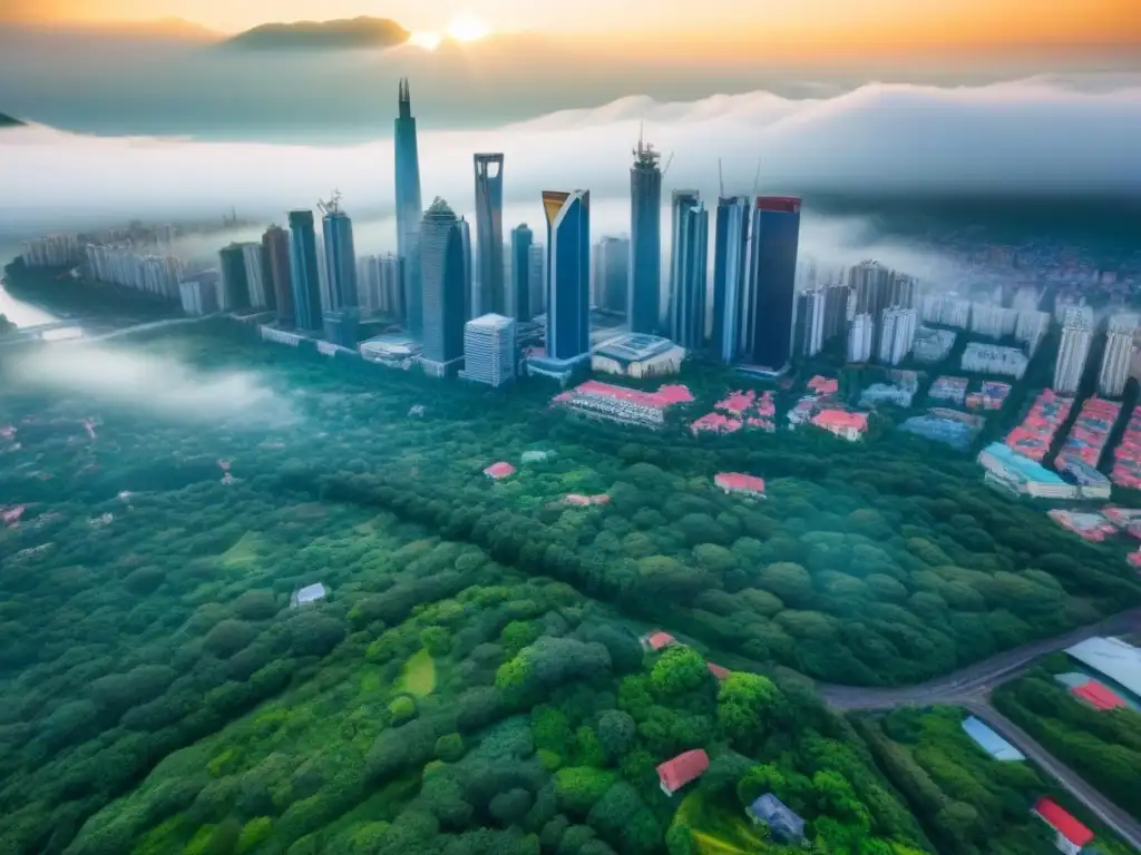 Metrópolis emergente: oportunidades únicas en bienes raíces Vista aérea de una ciudad en mercado inmobiliario emergente con rascacielos y edificios tradicionales entre vegetación
