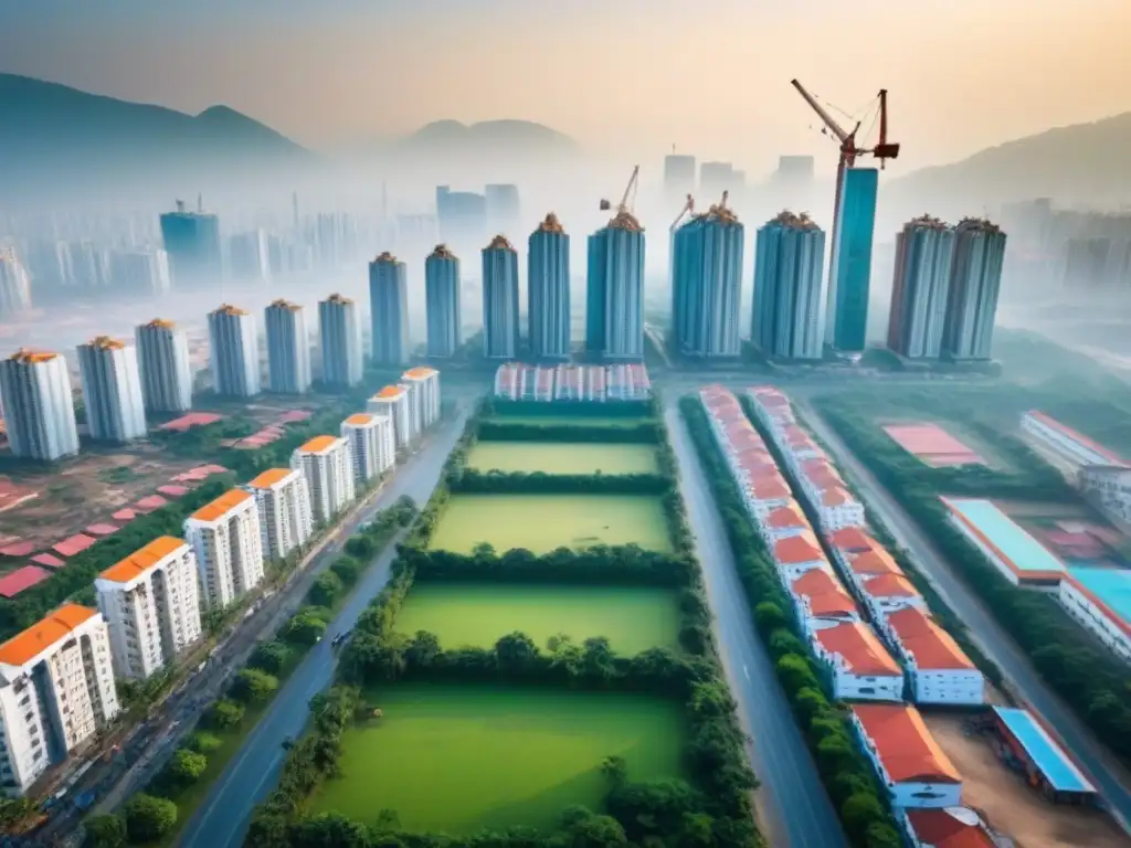 Transformación urbana: ciudad emergente entre tradición y modernidad Vista aérea de una ciudad en mercado emergente, con mezcla de viviendas tradicionales y modernas, reflejando políticas vivienda mercados emergentes inversores