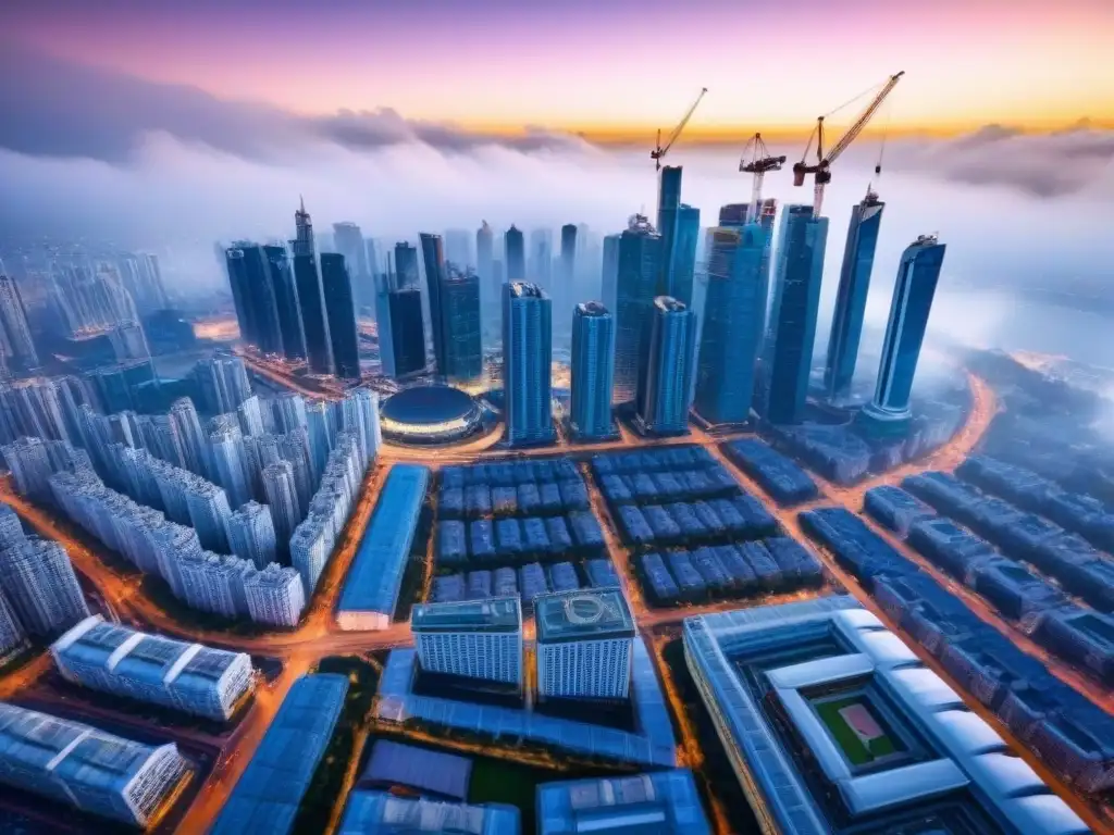 Metrópolis en crecimiento: auge urbano y oportunidades de inversión Vista aérea de ciudad en mercado emergente con rascacielos, calles bulliciosas y diversa arquitectura