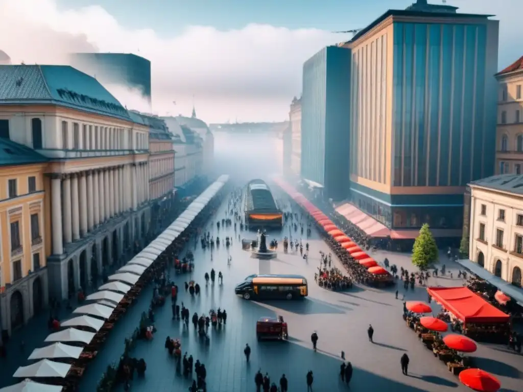 Cityscape vibrante en Europa del Este: tradición y progreso en armonía Vista aérea de ciudad en Europa del Este, con mercado vibrante y rascacielos, reflejando el mercado inmobiliario Europa del Este