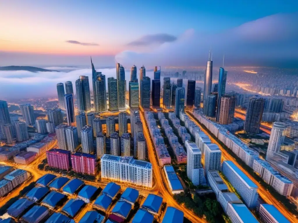 Oportunidades de inversión en mercados emergentes Vista aérea de una ciudad en mercados emergentes, fusionando modernidad y tradición, ideal para estrategia inversión inmobiliaria mercados emergentes