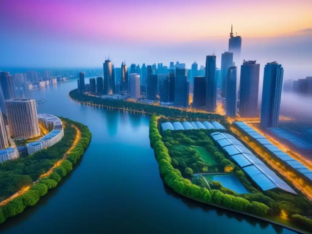 Metrópolis moderna: luces urbanas y naturaleza Vista aérea de una ciudad metropolitana vibrante con rascacielos modernos, rodeada de espacios verdes e iluminada por la vida urbana