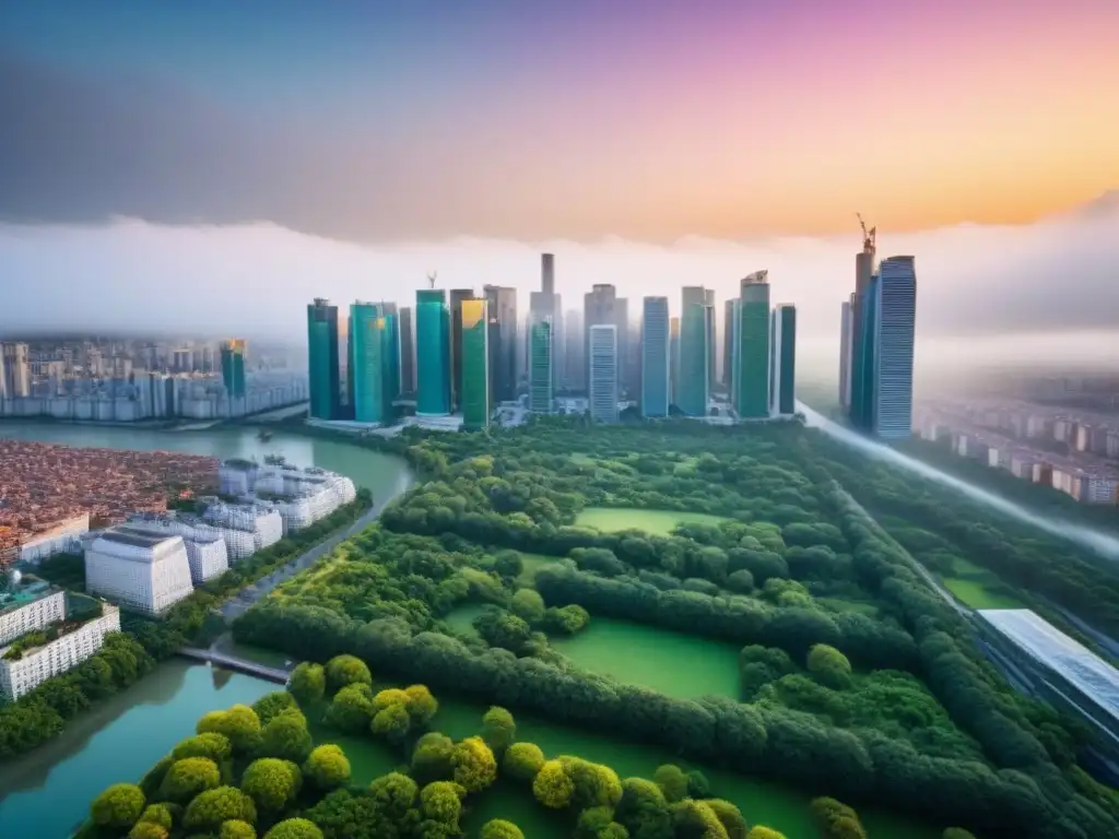 Metrópolis vibrante: armonía entre naturaleza y arquitectura Vista aérea de una ciudad moderna con rascacielos y parques urbanos, perfecta combinación de naturaleza y arquitectura en metrópoli vibrante