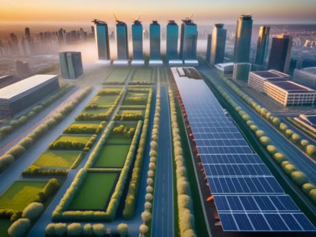Horizonte sostenible: moderna ciudad con energía renovable Vista aérea de una ciudad moderna con energías renovables, destacando la sostenibilidad en el mercado inmobiliario