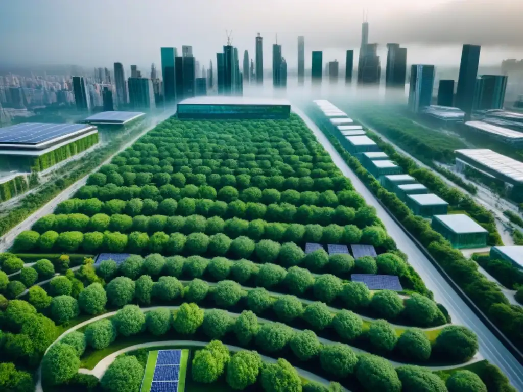 Arquitectura verde: ciudad moderna sostenible Vista aérea de una ciudad moderna con edificios verdes integrados, simbolizando la coexistencia de tecnología y sostenibilidad