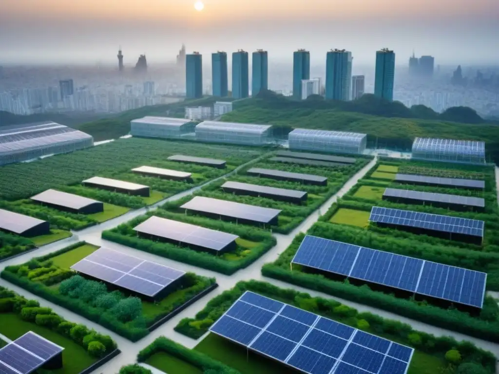 Cityscape sostenible: edificios ecofriendly y tradicionales en contraste Vista aérea de una ciudad moderna con techos verdes y paneles solares