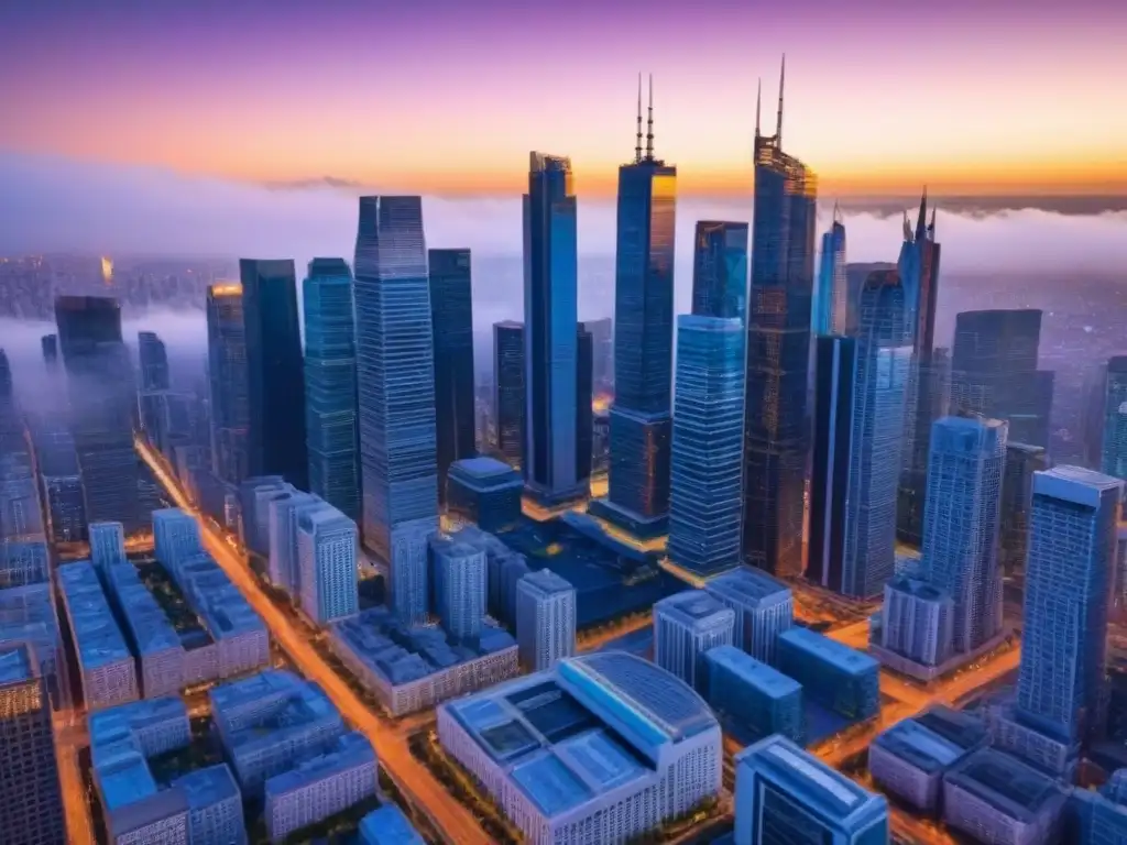 Horizonte urbano moderno al atardecer: progreso, innovación y prosperidad Vista aérea de una ciudad moderna al anochecer, con rascacielos iluminados, calles llenas de gente y autos, y diversos estilos arquitectónicos