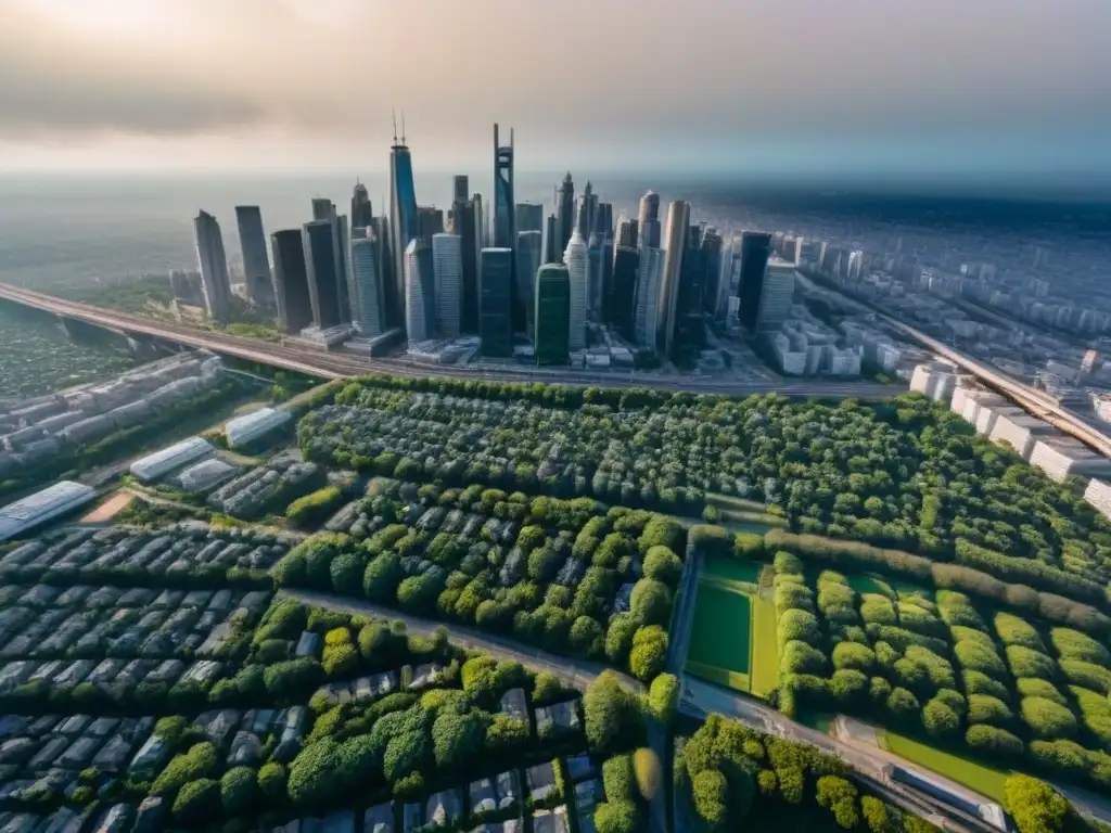 Espléndida vista aérea de una ciudad moderna y verde Vista aérea de ciudad moderna con rascacielos y espacios verdes, reflejo del mercado de oportunidades inmobiliarias globales anticíclicas