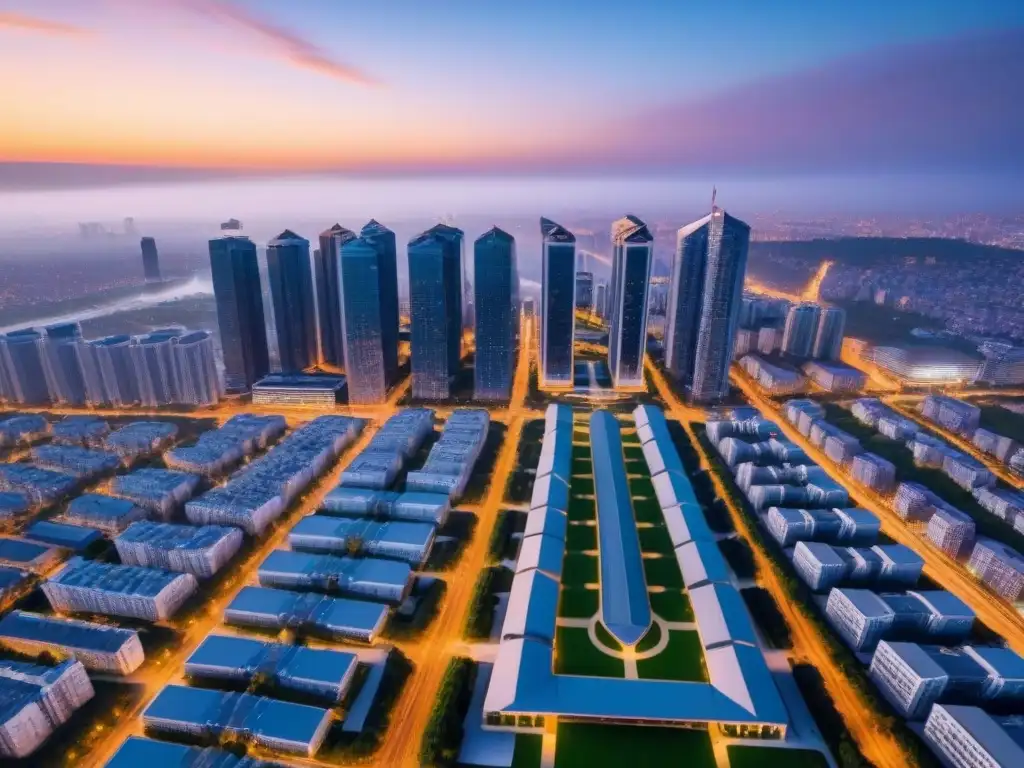 Vista aérea moderna de ciudad al anochecer: innovación urbana desde el aire Vista aérea de una ciudad moderna al atardecer, con rascacielos, parques y calles transitadas