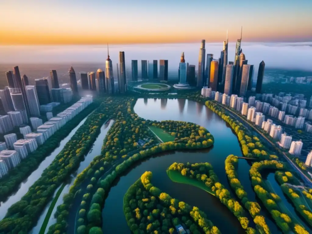 Horizonte urbano moderno: naturaleza y tecnología en armonía Vista aérea de una ciudad moderna y dinámica con rascacielos y parques, reflejando inversión inmobiliaria global millennials