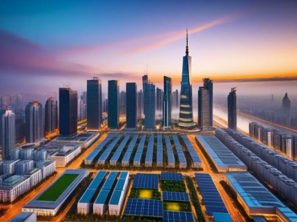 Horizonte urbano moderno y sostenible al atardecer Vista aérea de ciudad moderna con rascacielos reflejando el sol