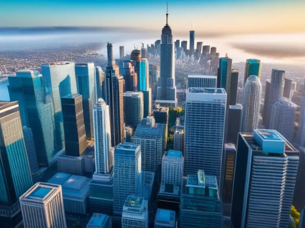 Vista aérea de ciudad moderna con rascacielos y distrito financiero Vista aérea de una ciudad moderna con rascacielos en un país con sistemas jurídicos sólidos