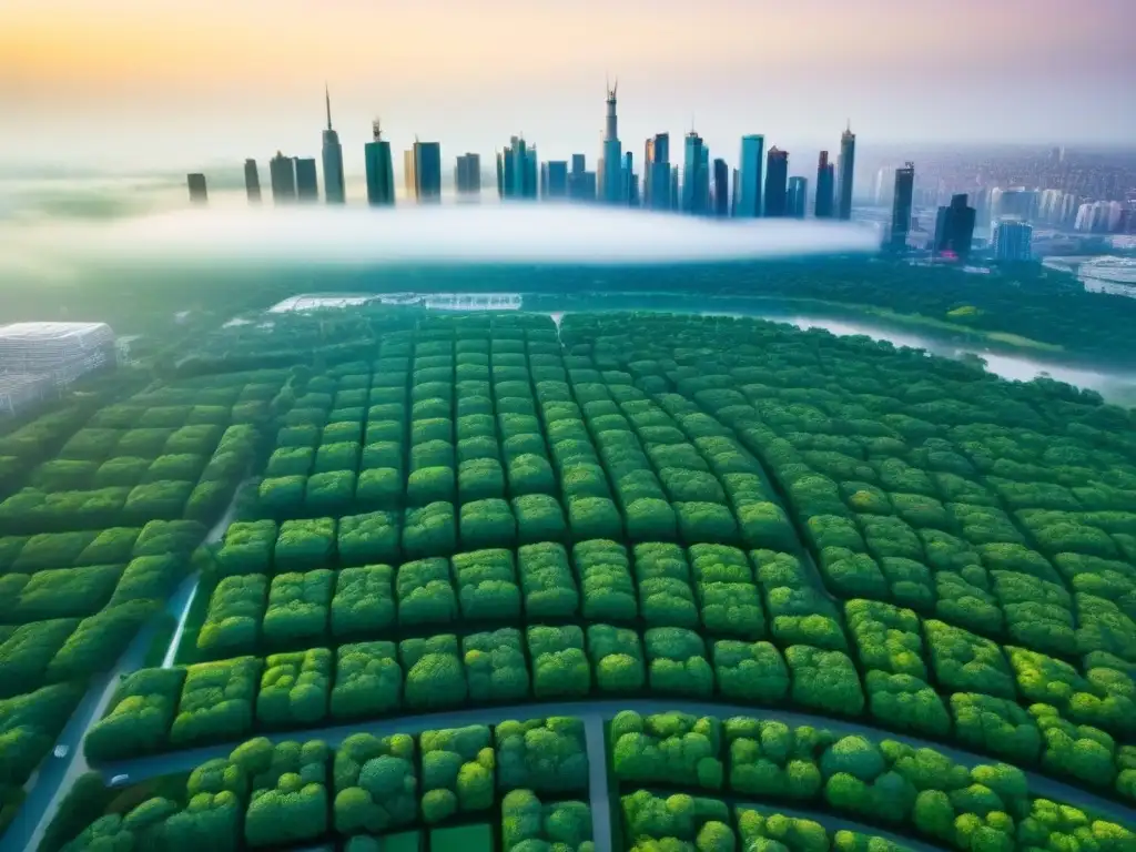Cityscape sostenible: armonía urbana con edificios verdes Vista aérea de una ciudad moderna con edificios verdes integrados y tecnología sostenible