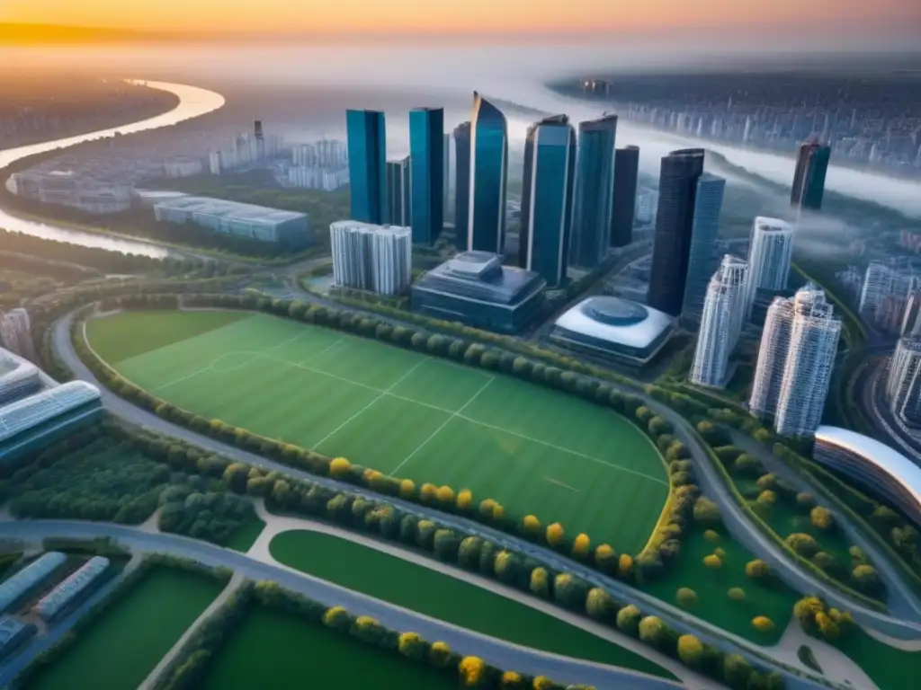 Metrópolis moderna al atardecer: inversión estratégica Vista aérea de una ciudad moderna con rascacielos, parques verdes y un río, bañada por el cálido sol poniente
