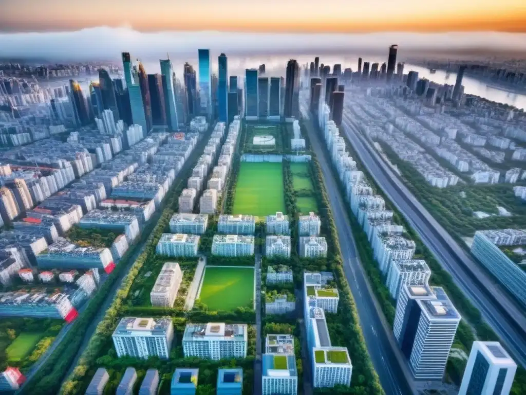 Metrópolis futurista: rascacielos, naturaleza y arquitectura innovadora Vista aérea de una ciudad moderna con rascacielos y espacios verdes, simbolizando el mercado inmobiliario postfusión