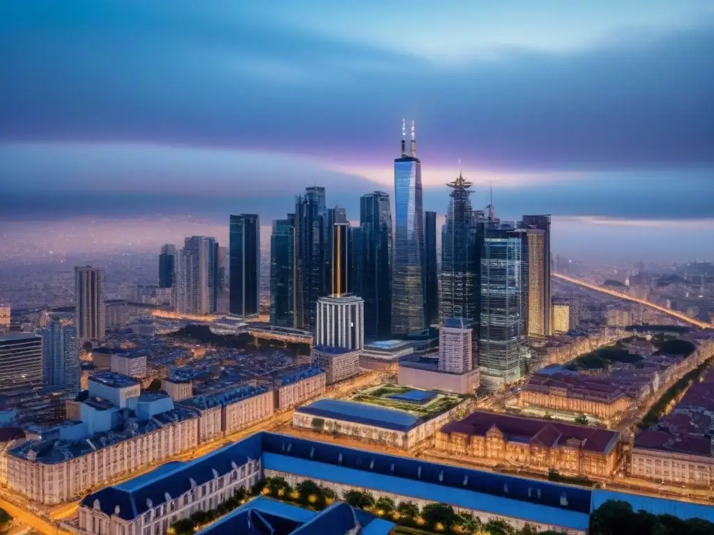 Metrópolis reluciente: luces y oportunidades en crecimiento urbano Vista aérea de una ciudad moderna al atardecer, con rascacielos iluminados