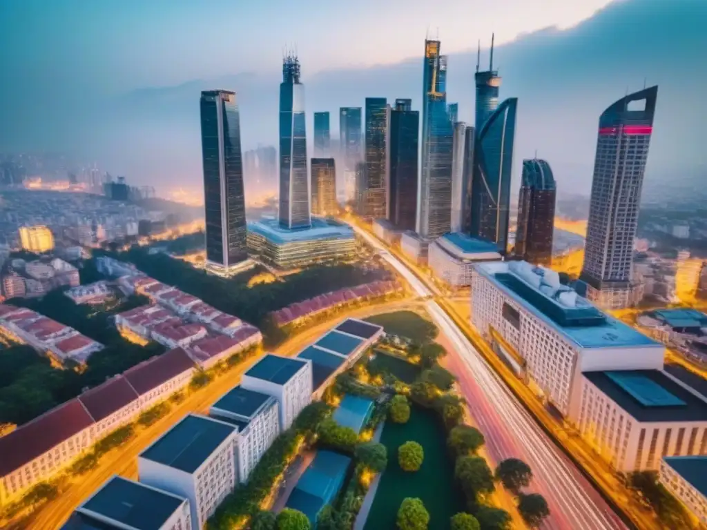 Vibrante ciudad al anochecer: rascacielos iluminados y bullicio urbano Vista aérea de una ciudad moderna al anochecer, fusiones inmobiliarias mercados emergentes