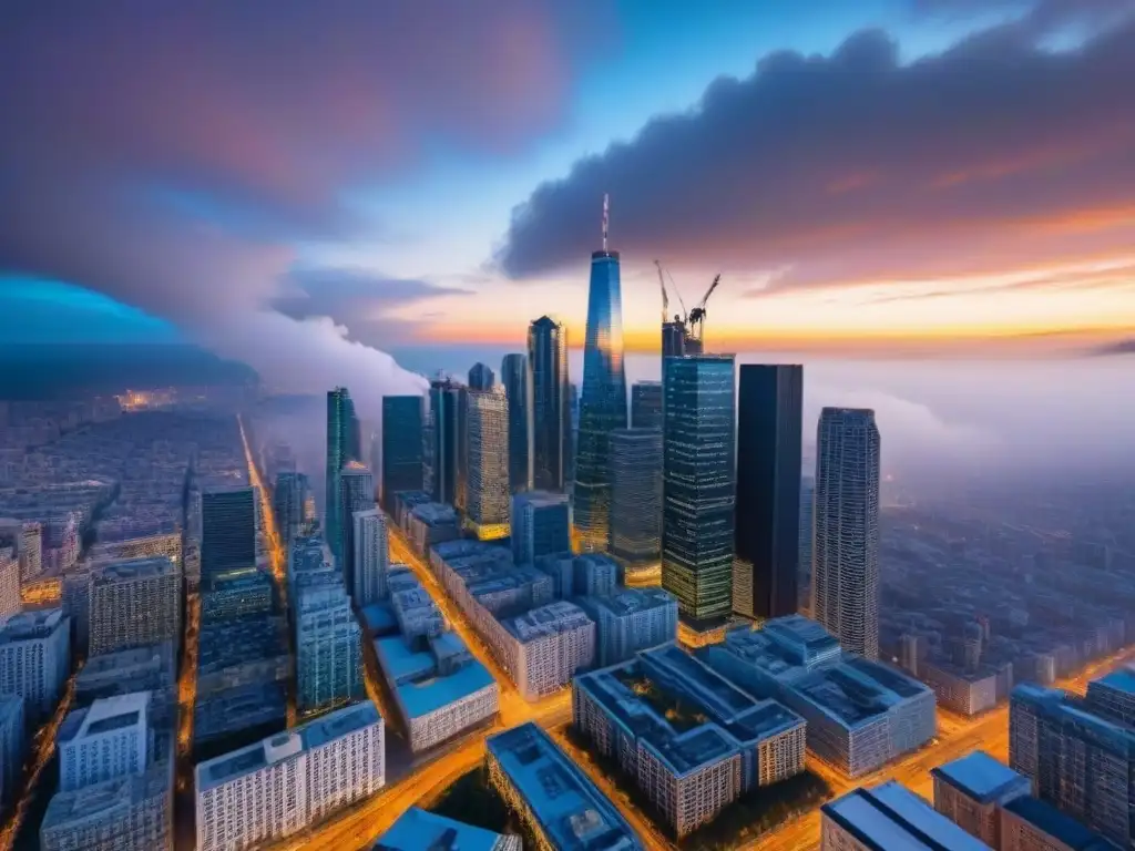 Horizonte urbano en crecimiento: oportunidades y desafíos en bienes raíces Vista aérea de una ciudad moderna con rascacielos, reflejando las regulaciones inversión inmobiliaria global