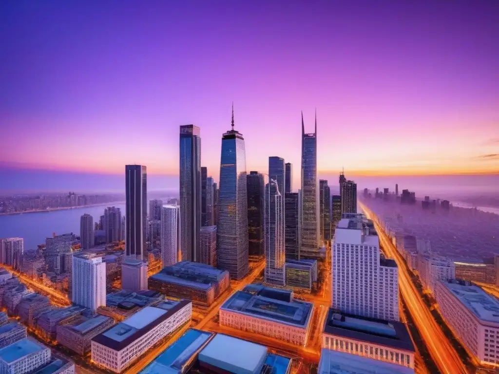 Horizonte urbano moderno al atardecer: luces, vida y oportunidades Vista aérea de una ciudad moderna al anochecer, con rascacielos iluminados y un vibrante atardecer