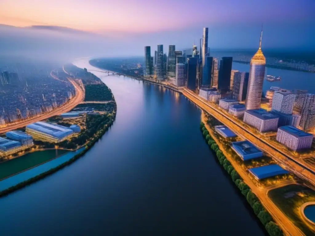 Esplendor urbano al atardecer: luces y rascacielos en la ciudad Vista aérea de ciudad moderna al atardecer, con rascacielos iluminados y luces vibrantes reflejadas en el río