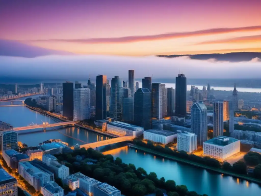 Horizonte urbano al atardecer: luces y modernidad Vista aérea de ciudad moderna al atardecer con rascacielos iluminados y río