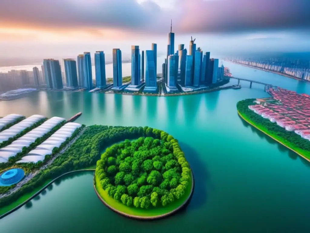 Metrópolis vibrante: arquitectura moderna y espacios verdes Vista aérea de ciudad moderna con rascacielos y zonas verdes, reflejando beneficios de la globalización inmobiliaria