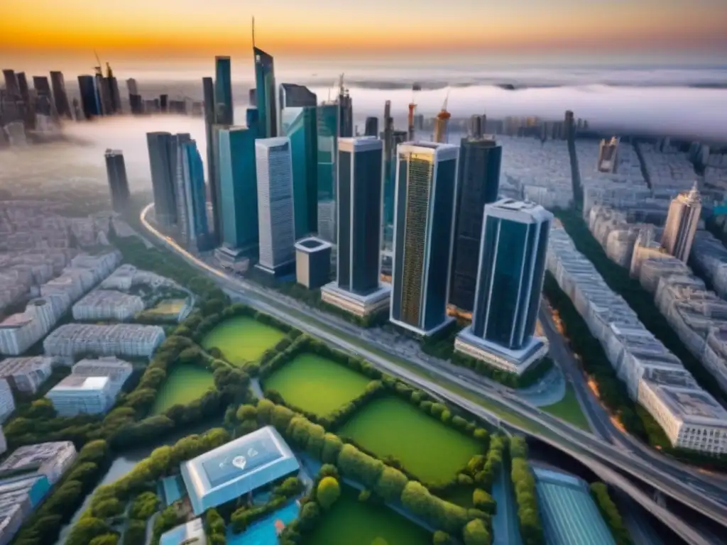 Cityscape dorado al atardecer: mercado inmobiliario internacional Vista aérea de una ciudad moderna con rascacielos reflejando la luz dorada del atardecer, ideal para invertir en bienes raíces internacionales
