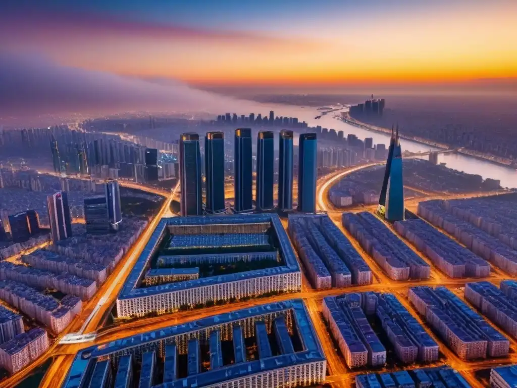 Metrópolis moderna al atardecer: luces y arquitectura fusionadas Vista aérea de una ciudad moderna al atardecer, con rascacielos y una red de carreteras