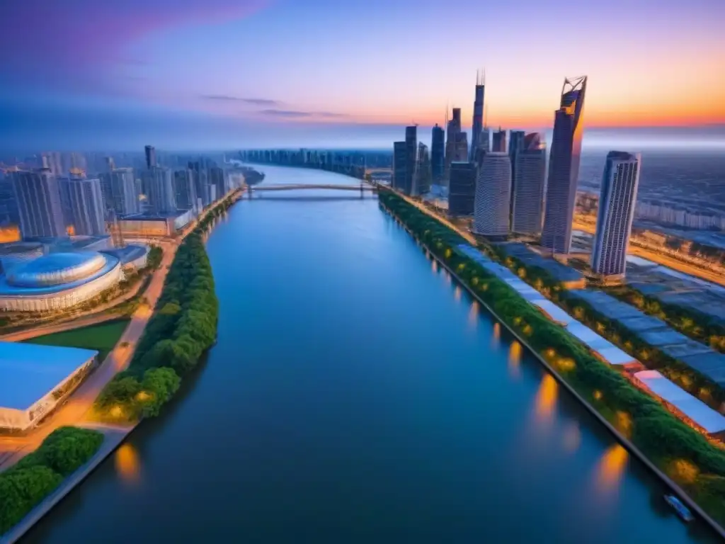 Horizonte urbano de lujo al atardecer Vista aérea de una ciudad moderna al anochecer, con rascacielos iluminados y un río tranquilo
