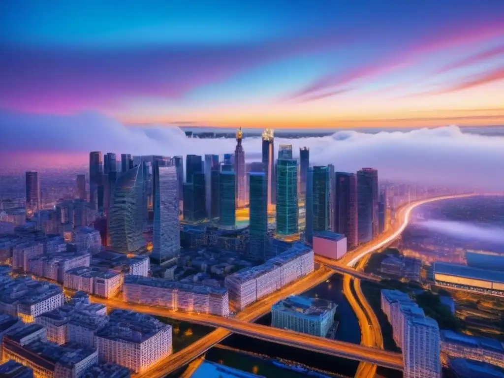 Horizonte urbano futurista iluminado al anochecer Vista aérea de una ciudad moderna al anochecer con rascacielos iluminados y redes viales, evocando sofisticación urbana y desarrollo futurista