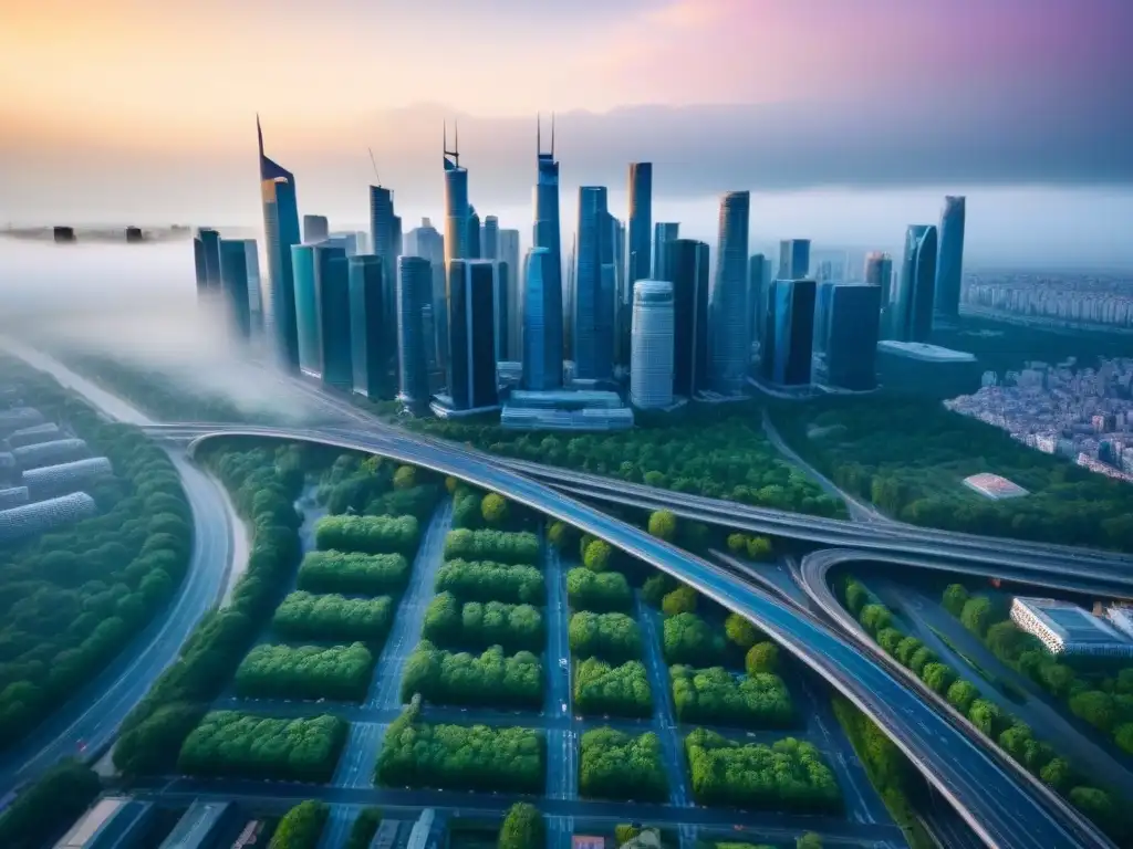 Metrópolis futurista: innovación y prosperidad inmobiliaria Vista aérea de una ciudad moderna con rascacielos y diseño arquitectónico futurista, rodeada de parques y mercados callejeros