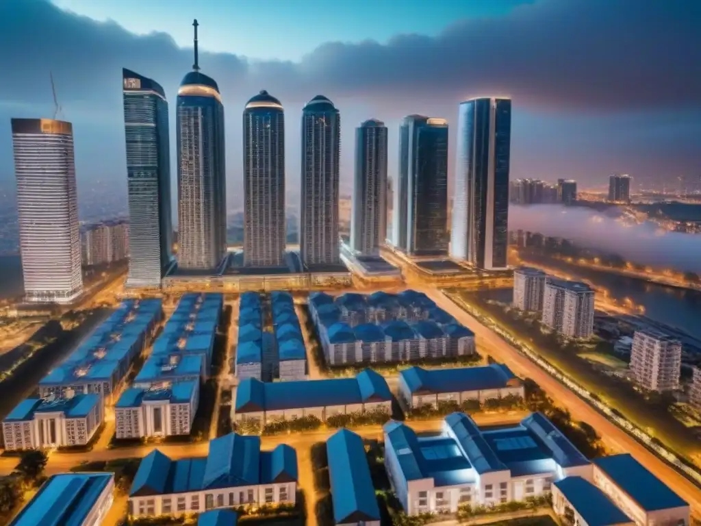 Vigilancia aérea con drones en complejo residencial de lujo Vista aérea de una ciudad moderna al anochecer con rascacielos iluminados y drones de alta tecnología vigilando un complejo residencial de lujo