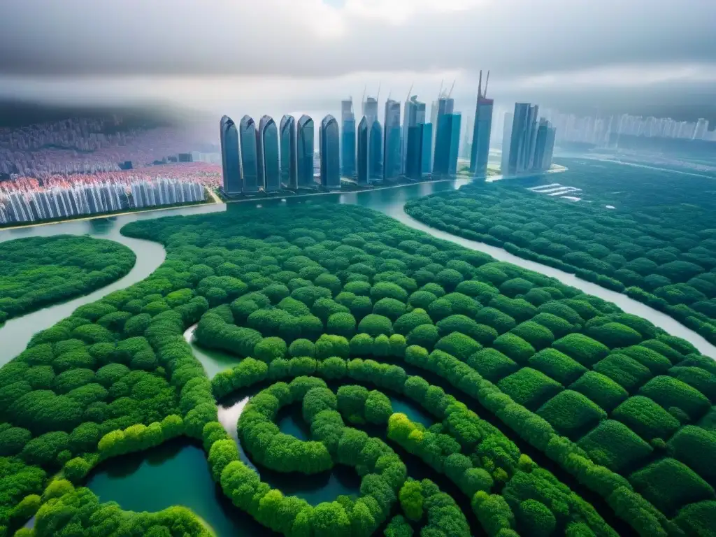 Metrópolis sostenible: armonía entre ciudad y naturaleza Vista aérea de una ciudad moderna con rascacielos, parques verdes y edificios sostenibles