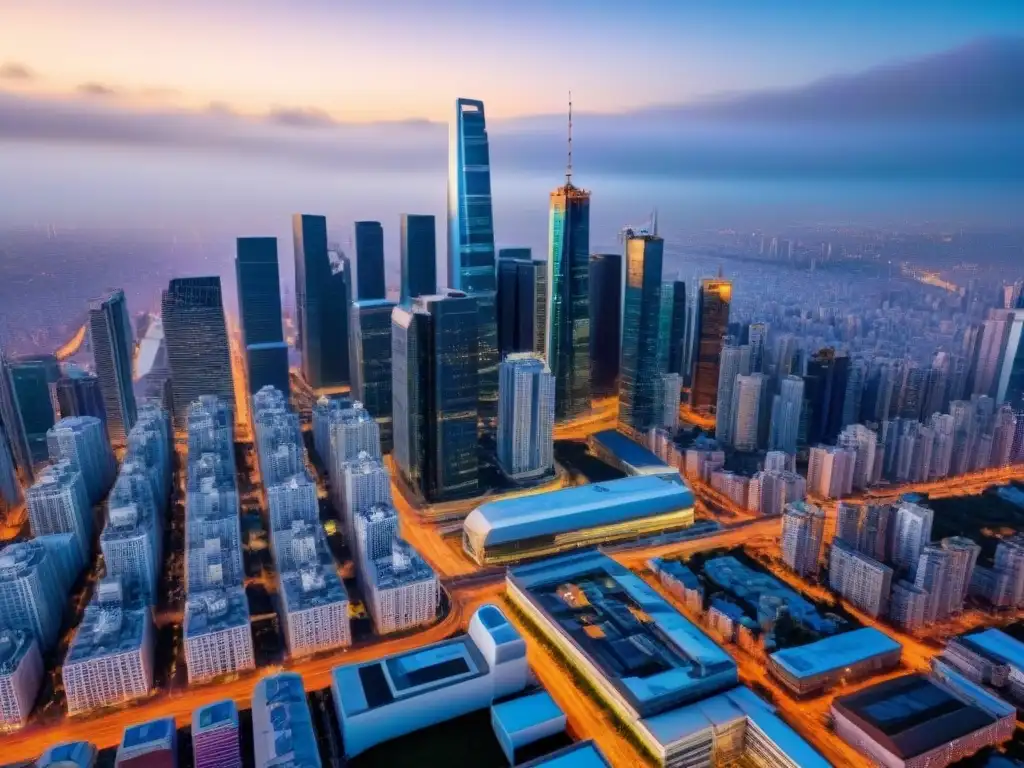 Metrópolis futurista: rascacielos y tecnología inmobiliaria Vista aérea de una ciudad moderna con rascacielos y vallas publicitarias digitales, en la transformación digital sector inmobiliario internacional